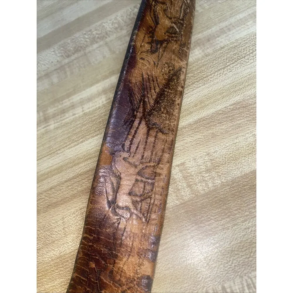 Vintage Western Hand Tooled Brown Leather Strap Horse Scene Belt Sz 36 Cowboy